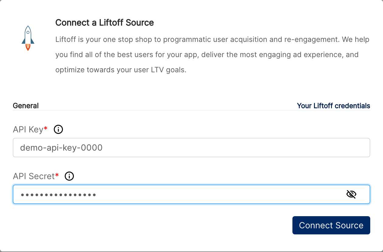 Connect a Liftoff Source dialog with API Key and API Secret fields filled with demo values