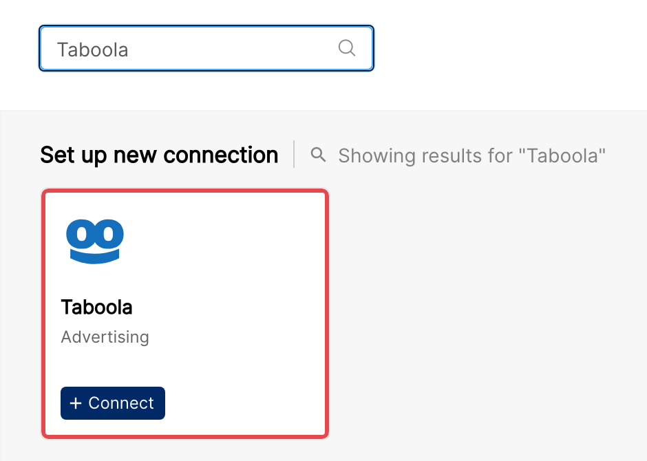 Taboola tile highlighted in the Integrations search results