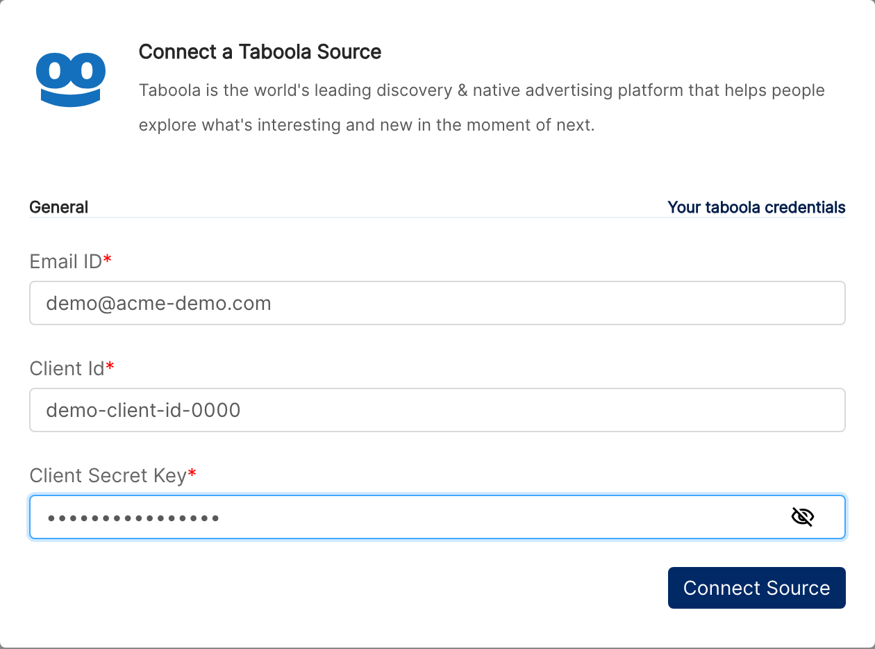 Connect a Taboola Source dialog with Email ID, Client Id and Client Secret Key filled with demo values