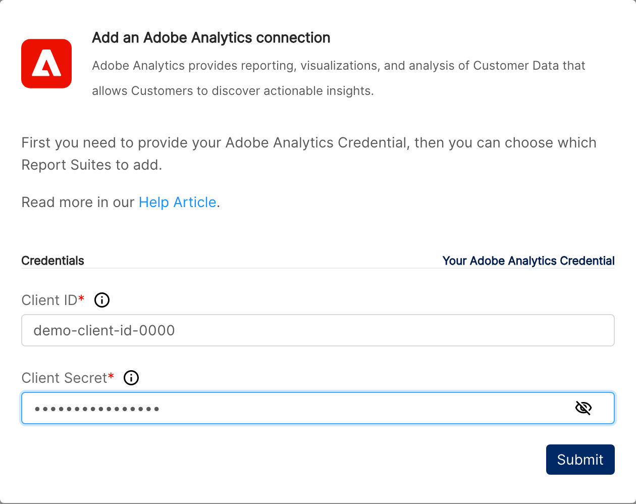 Add an Adobe Analytics connection dialog with Client ID and Client Secret filled with demo values