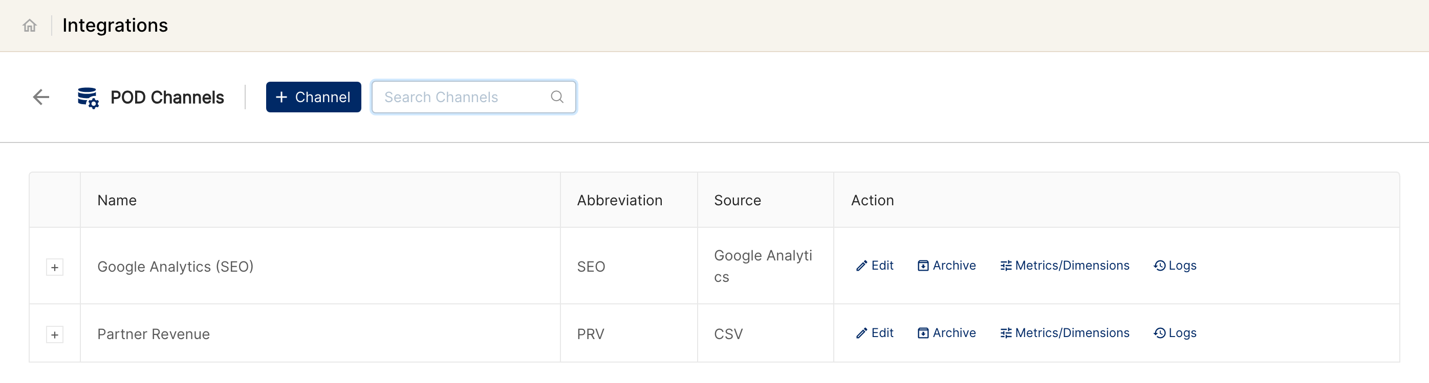 POD Channels page with the + Channel button and existing POD channels