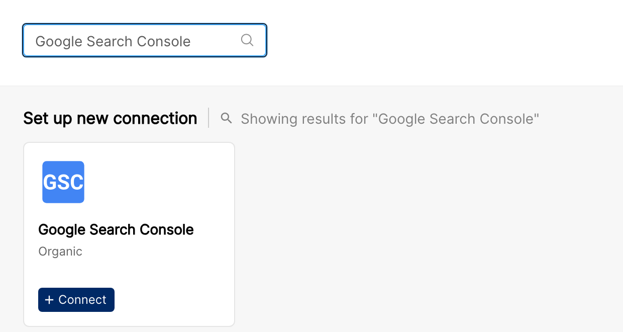 Google Search Console tile on the Integrations page with the Connect button
