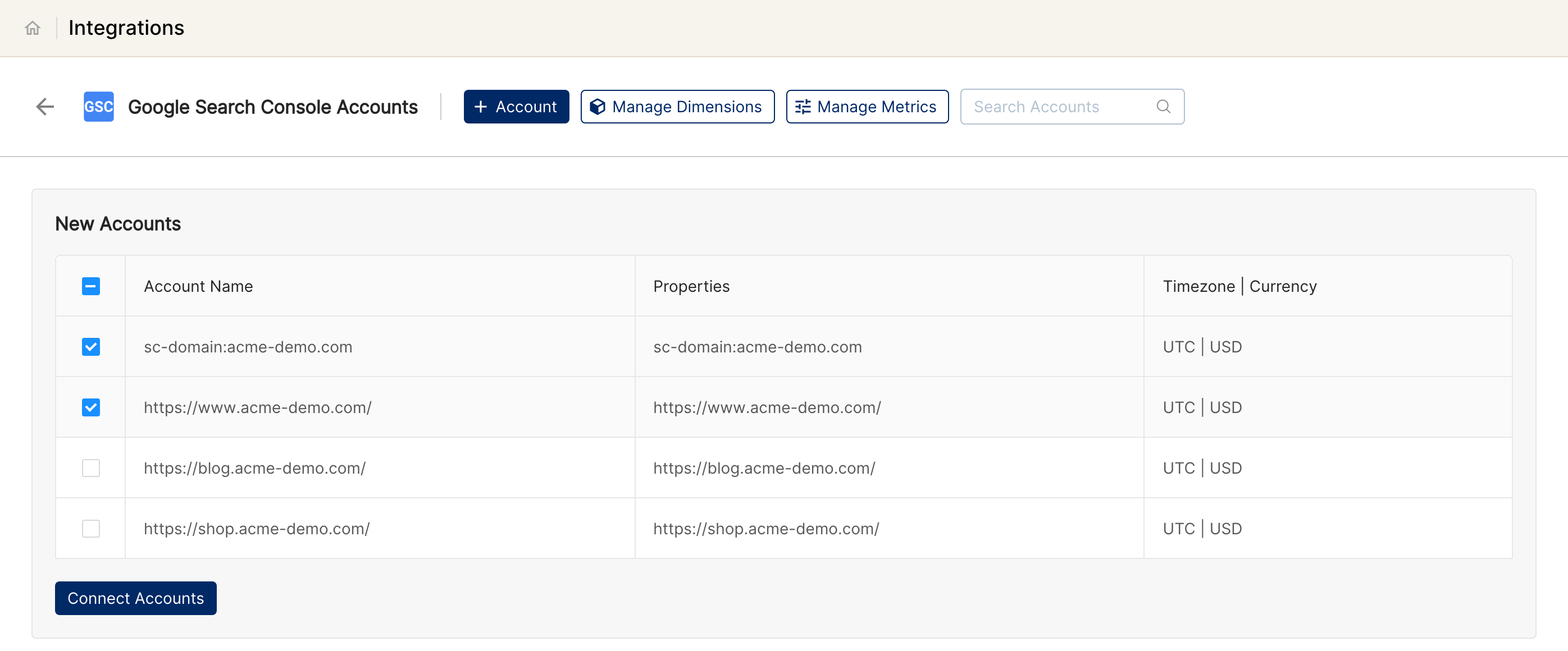 Google Search Console property picker listing Search Console sites with two selected and the Connect Accounts button