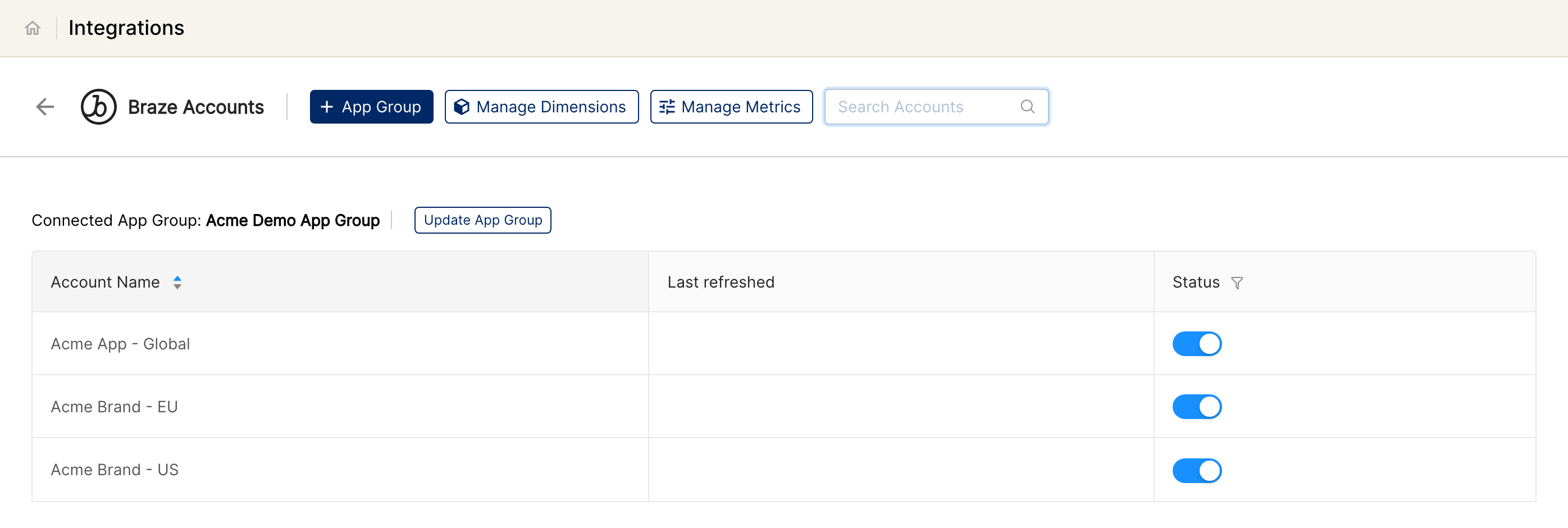 Braze Accounts page showing a connected app group and its accounts