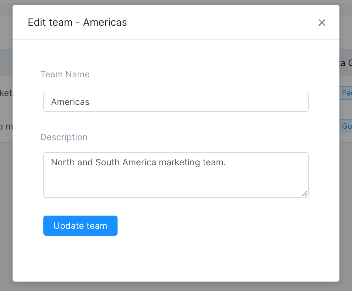 Edit team modal with name and description