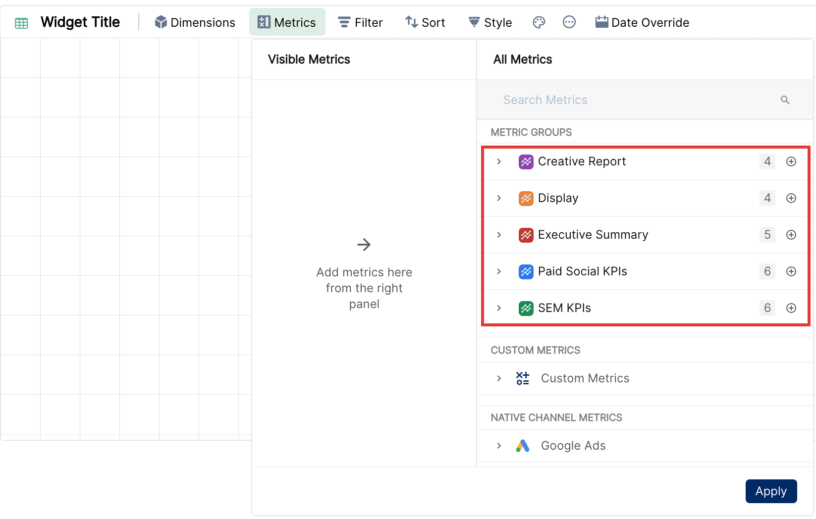 Metric picker showing the Metric Groups section