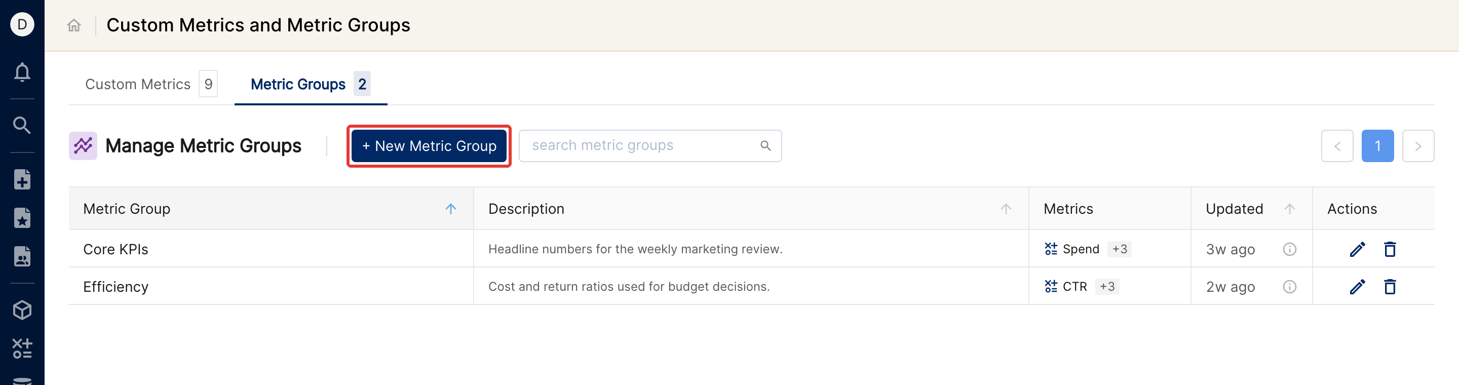 Metric Groups page with New Metric Group highlighted