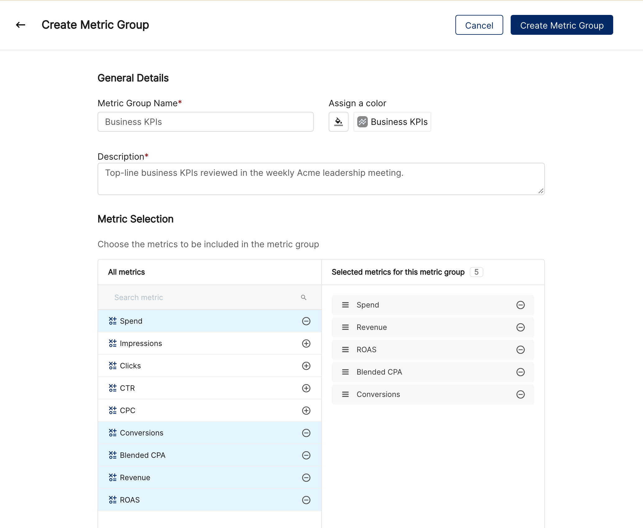 Create Metric Group form with metrics selected