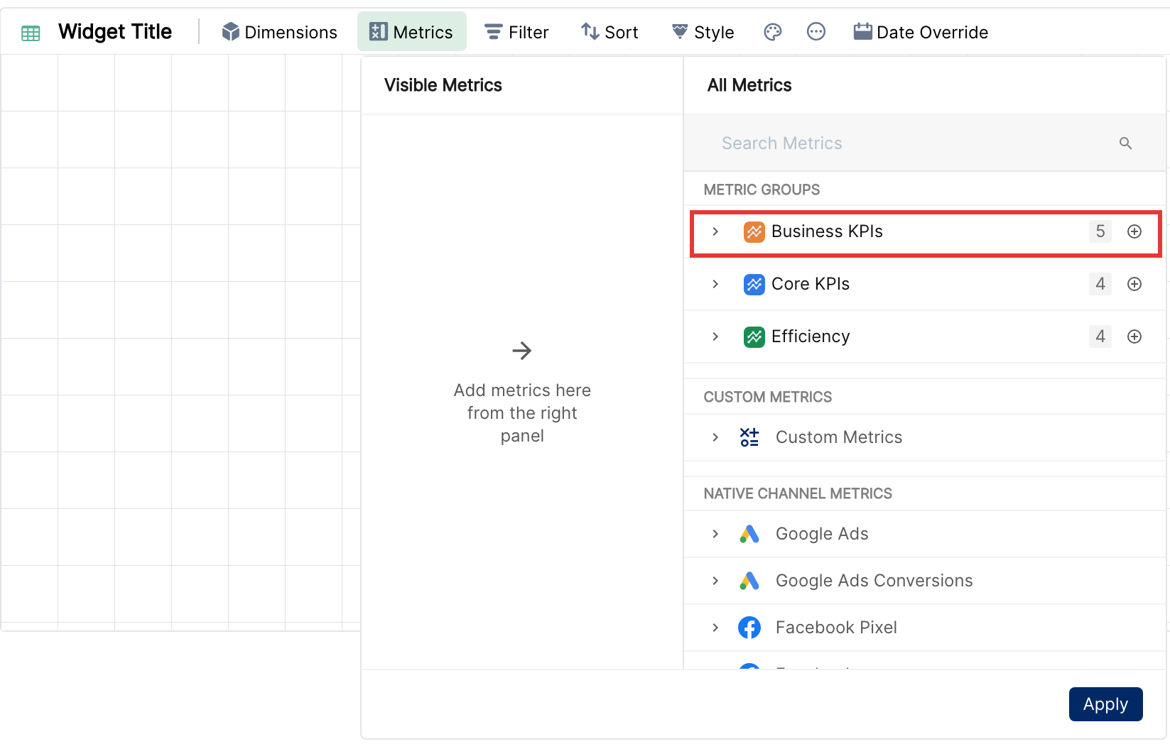 Metric picker showing the new Business KPIs group