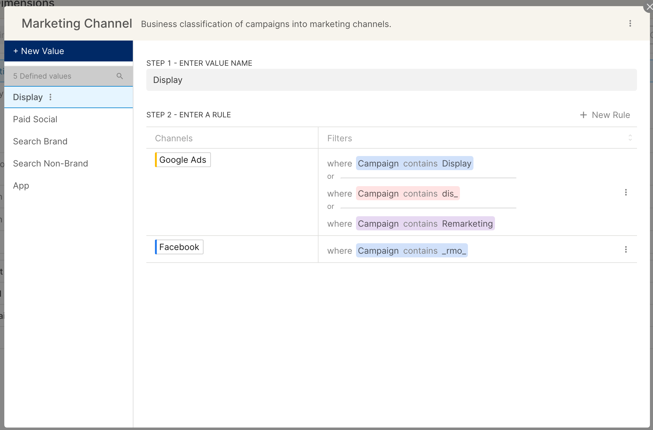 Marketing Channel custom dimension editor