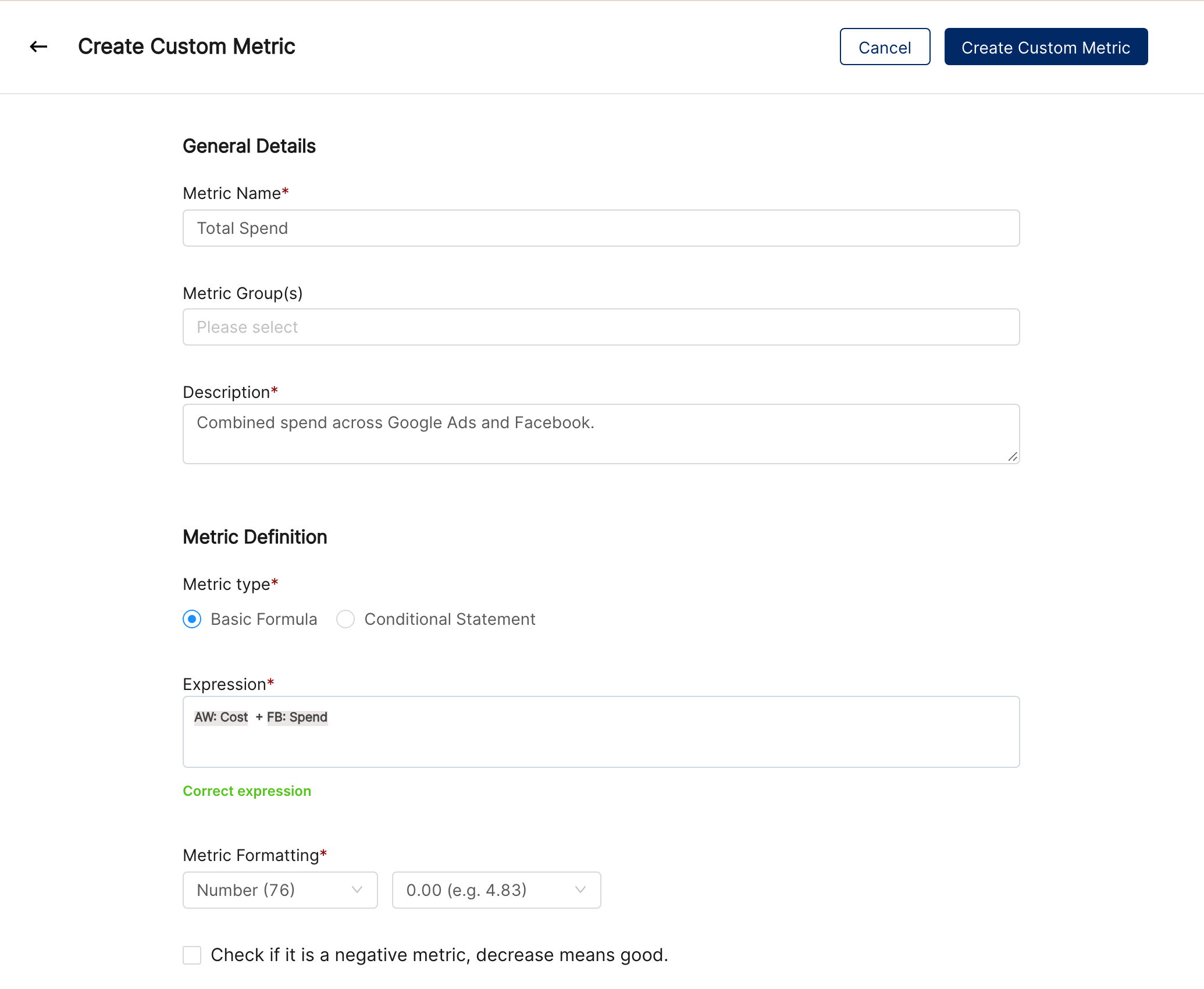 Create Custom Metric form: Total Spend