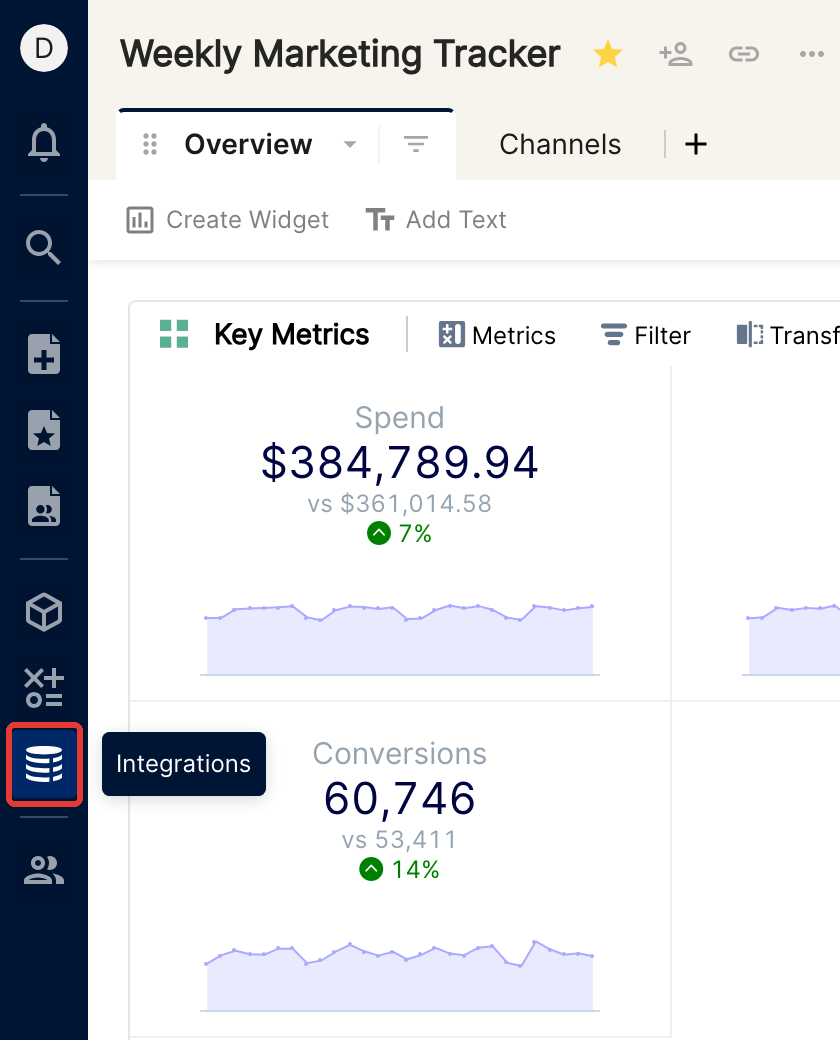 Sidebar with the Integrations icon highlighted