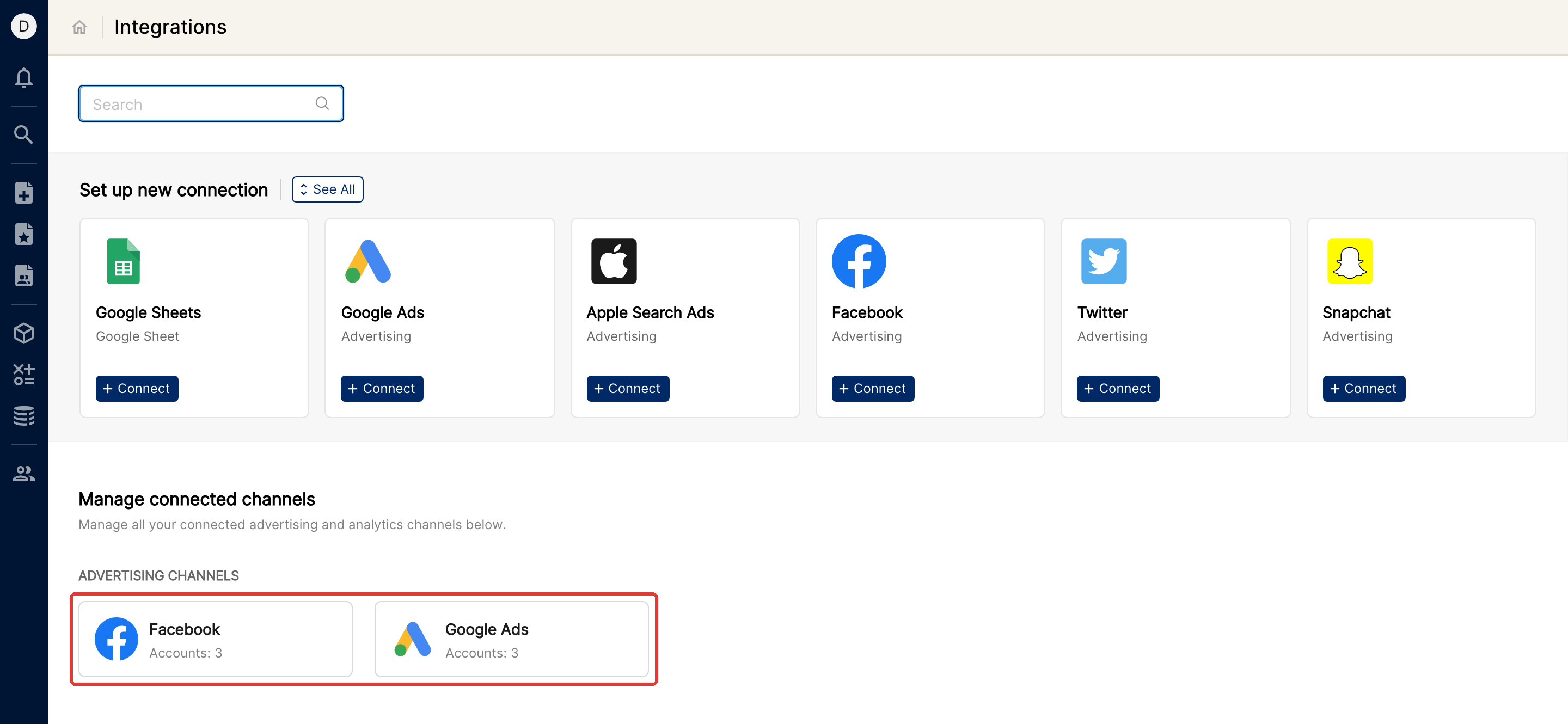 Integrations page with connected channels highlighted