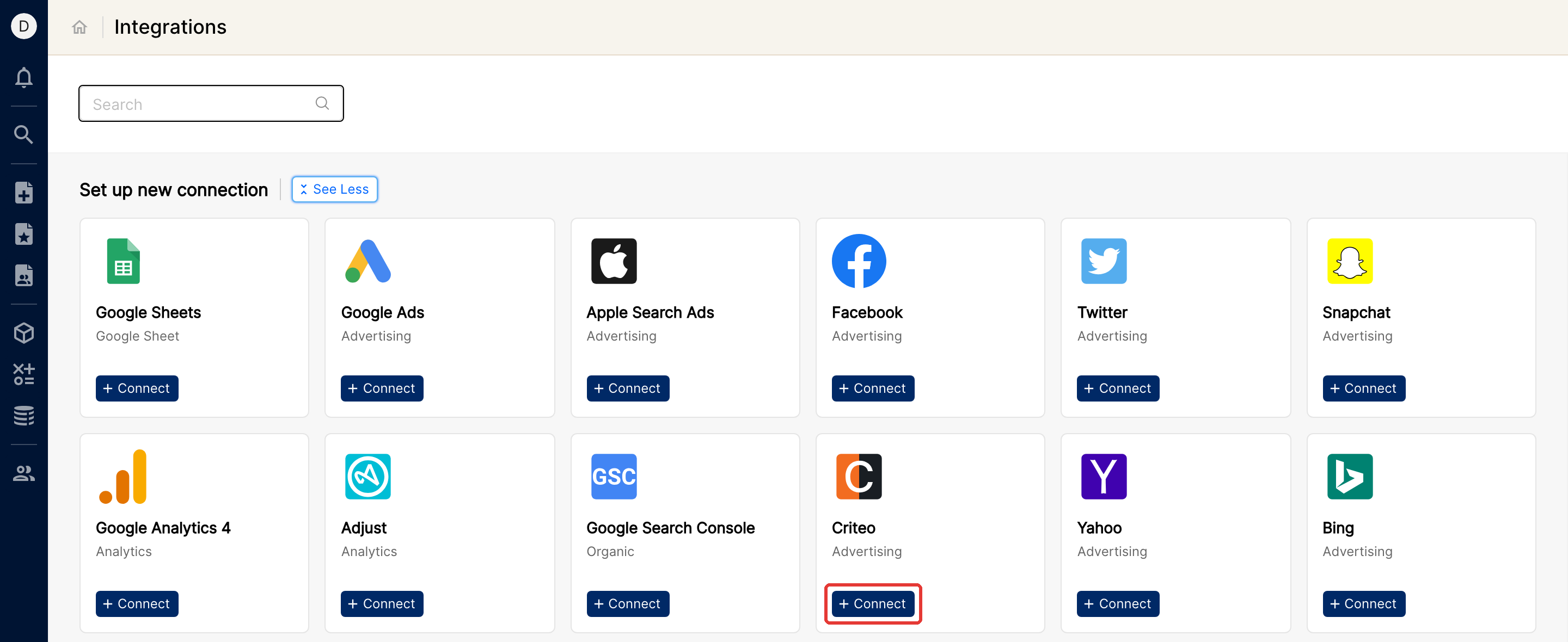 Integrations page with a channel's Connect button highlighted