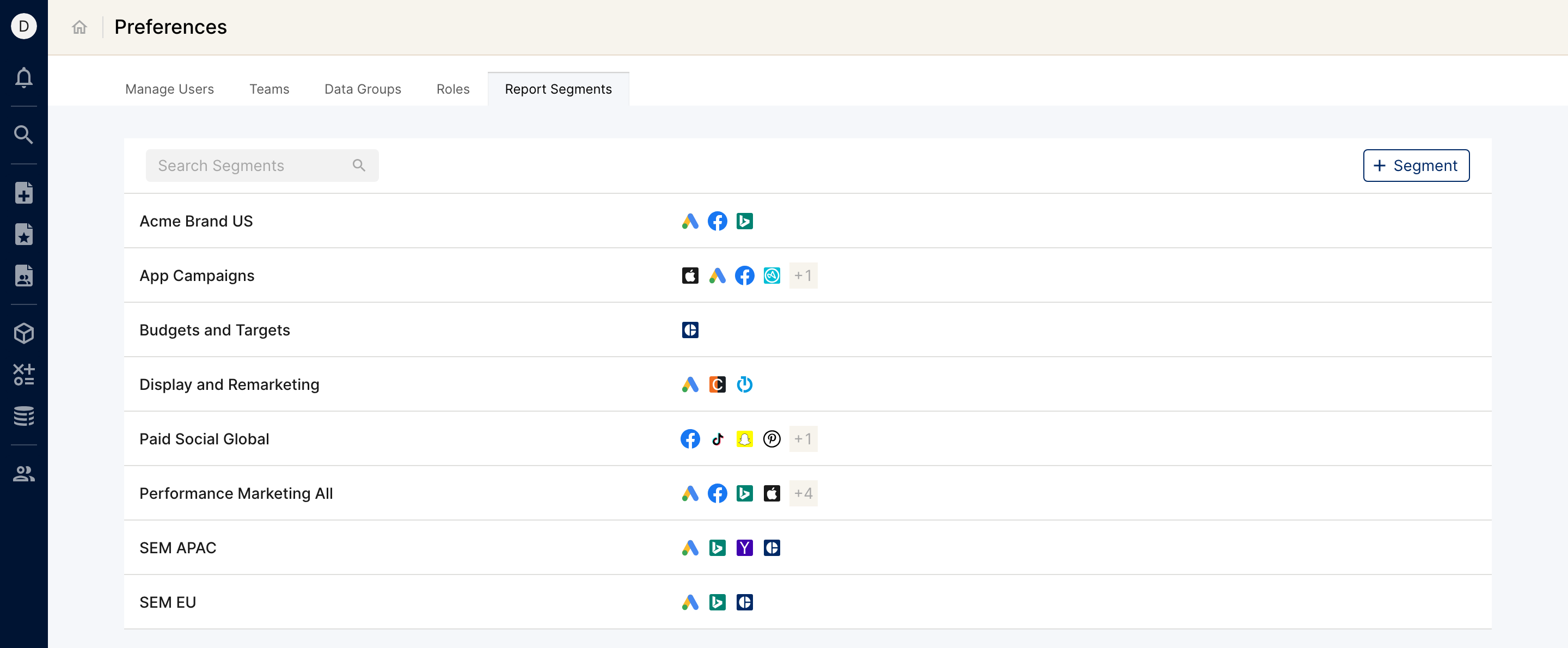 Report Segments list in Preferences