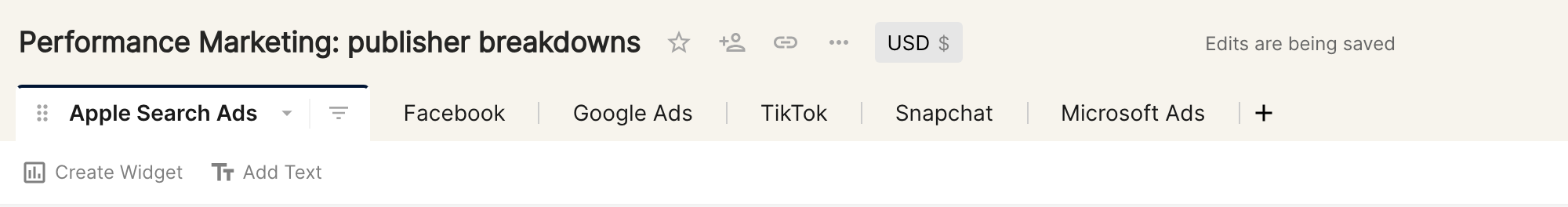 Report tabs bar with one tab per advertising channel