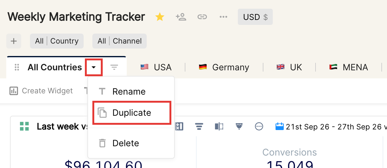 Tab menu with the Duplicate option highlighted