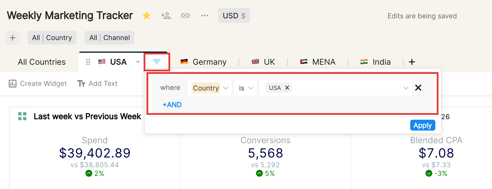 Tab filter on the USA tab set to Country is USA