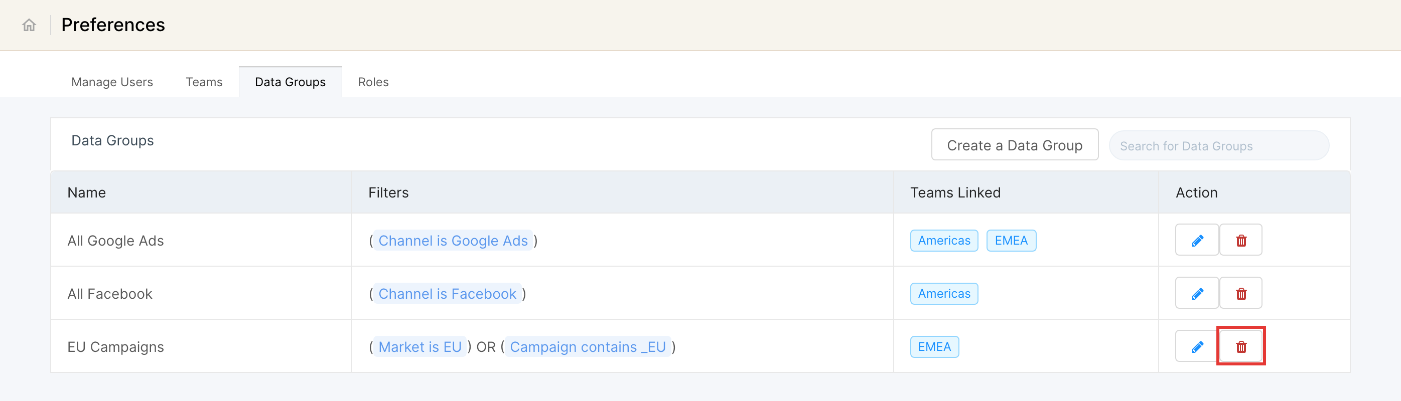 Data Groups list with a delete button highlighted