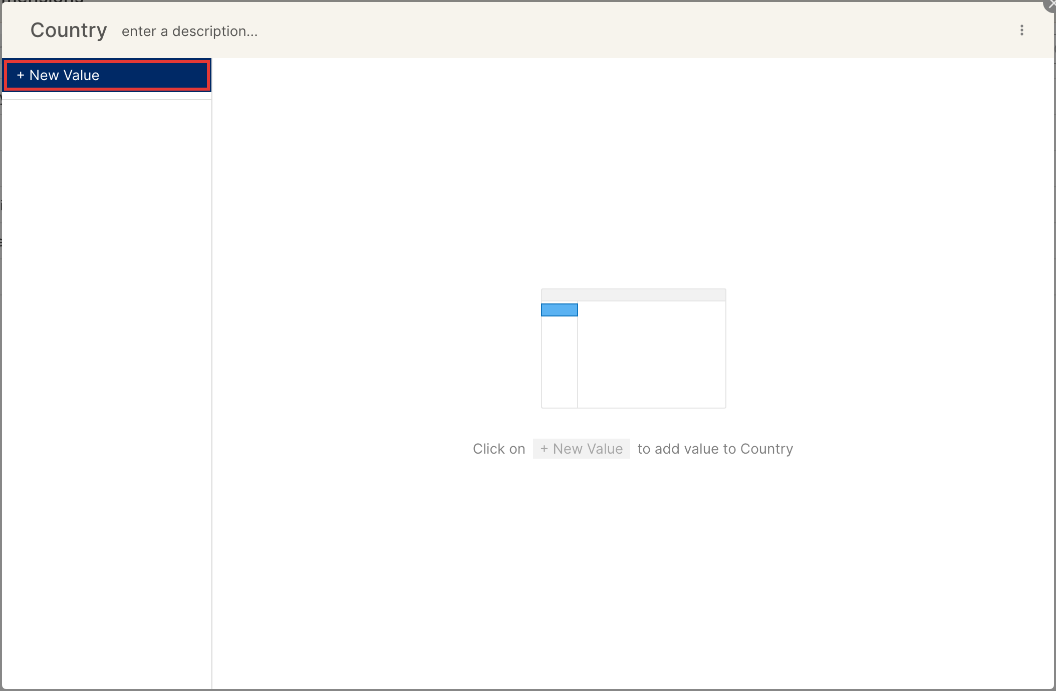 Custom dimension editor with the New Value button