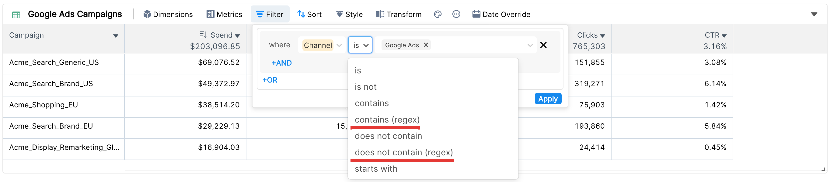 Widget filter operator list with the regex operators underlined