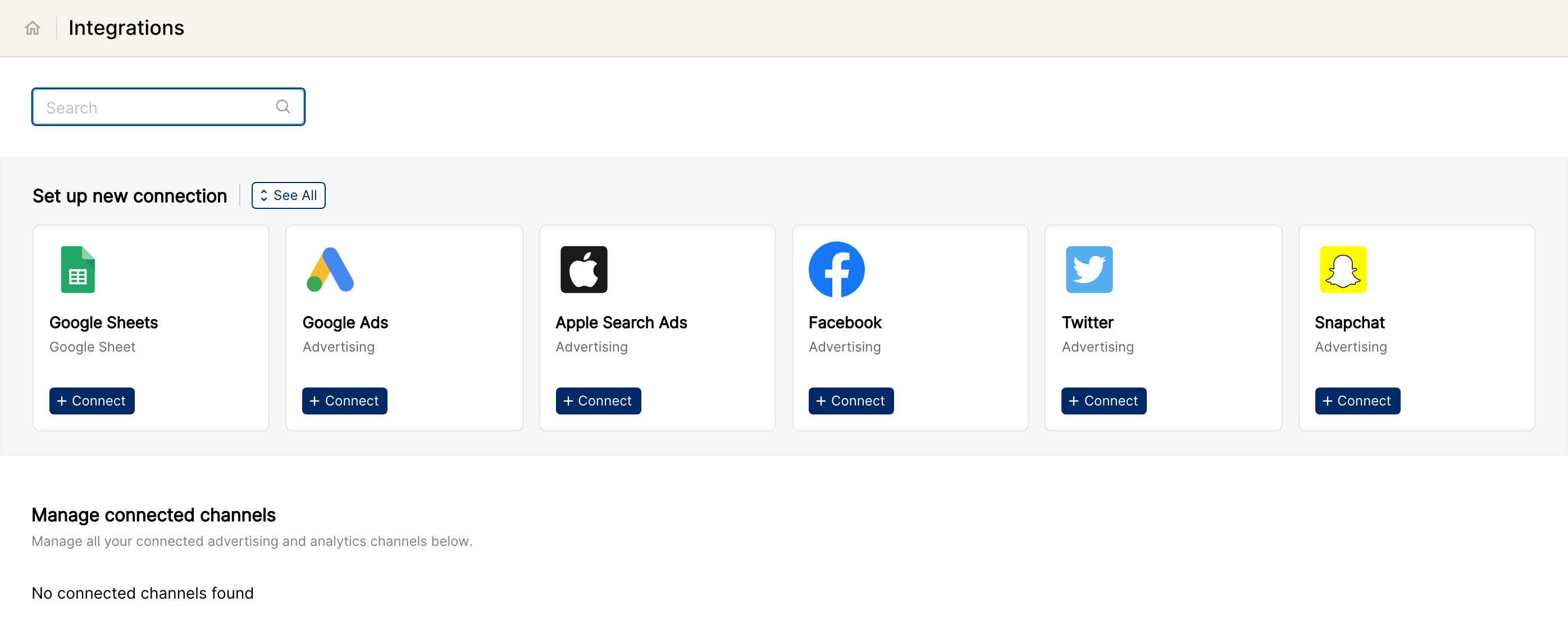 Integrations page with Set up new connection cards and Connect buttons