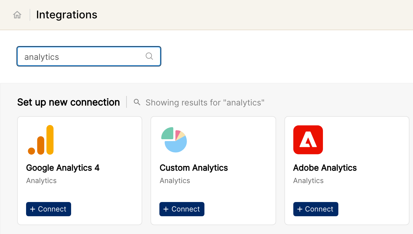 Integrations search results showing analytics channels