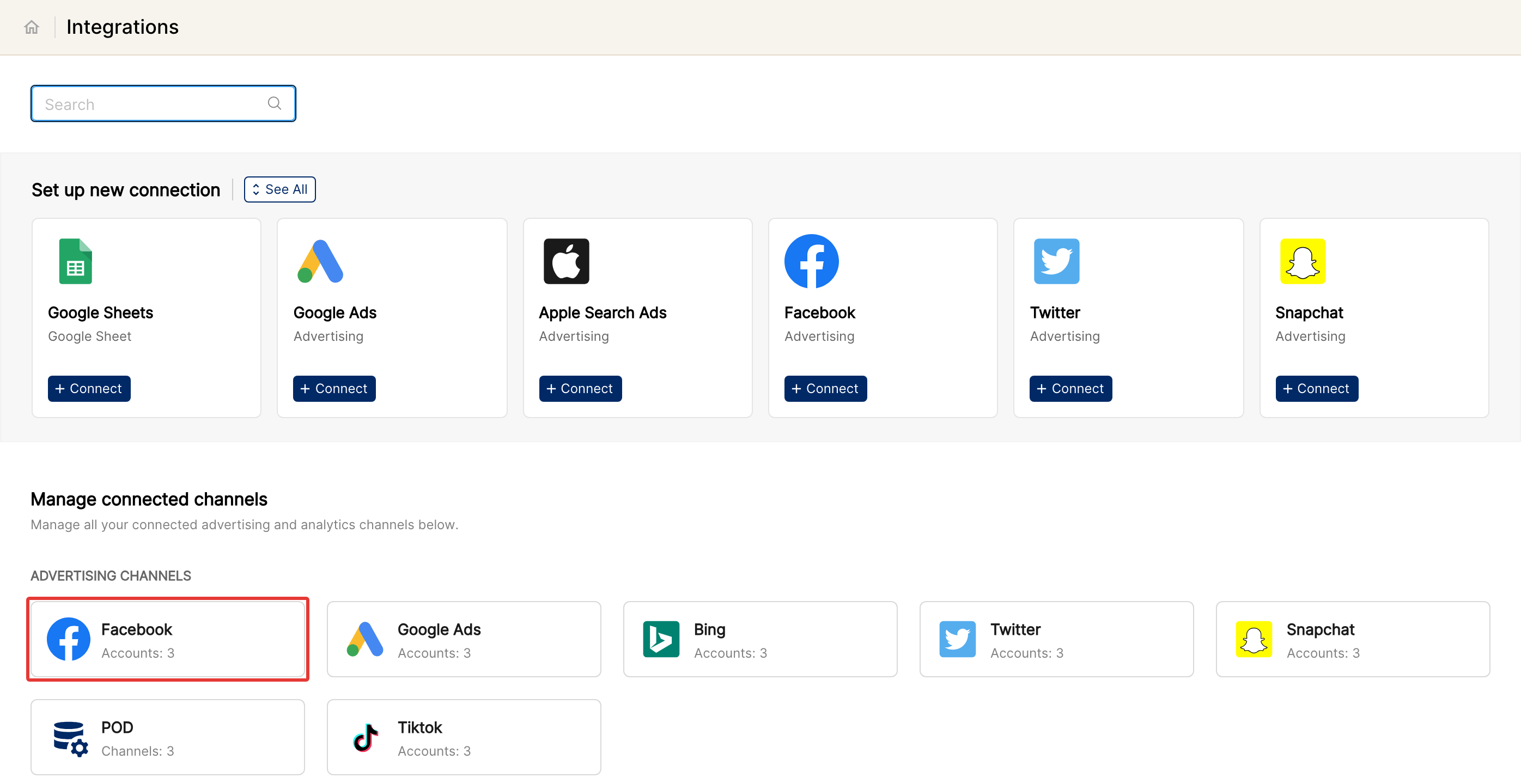 Integrations page with connected channels under Manage connected channels, Facebook highlighted