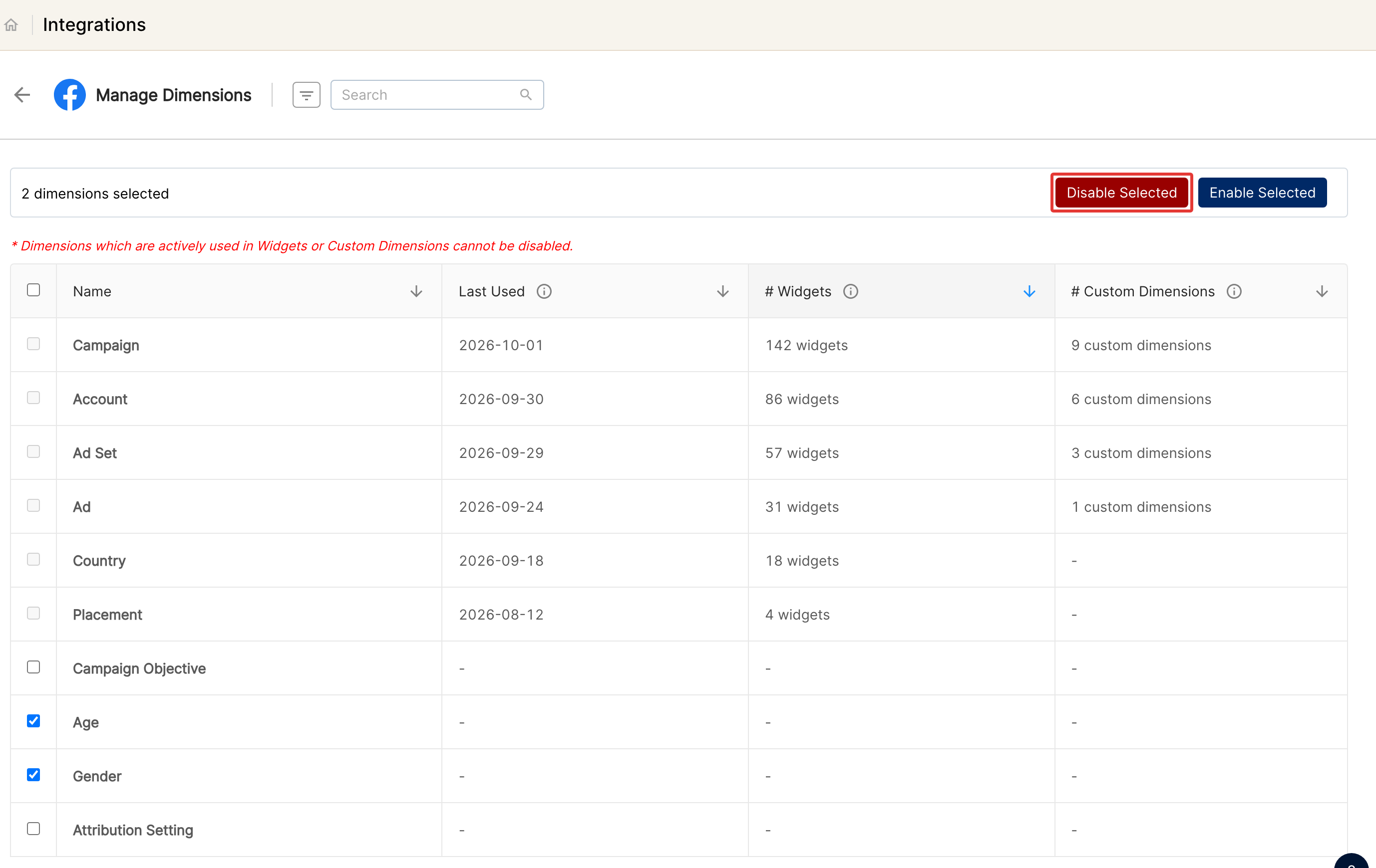 Manage Dimensions page with two unused dimensions selected and Disable Selected highlighted