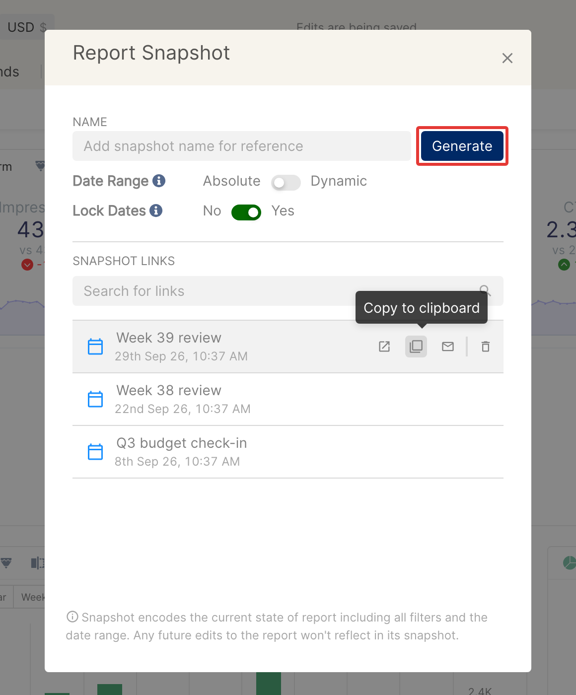 Report Snapshot modal with Generate highlighted and Copy to clipboard tooltip