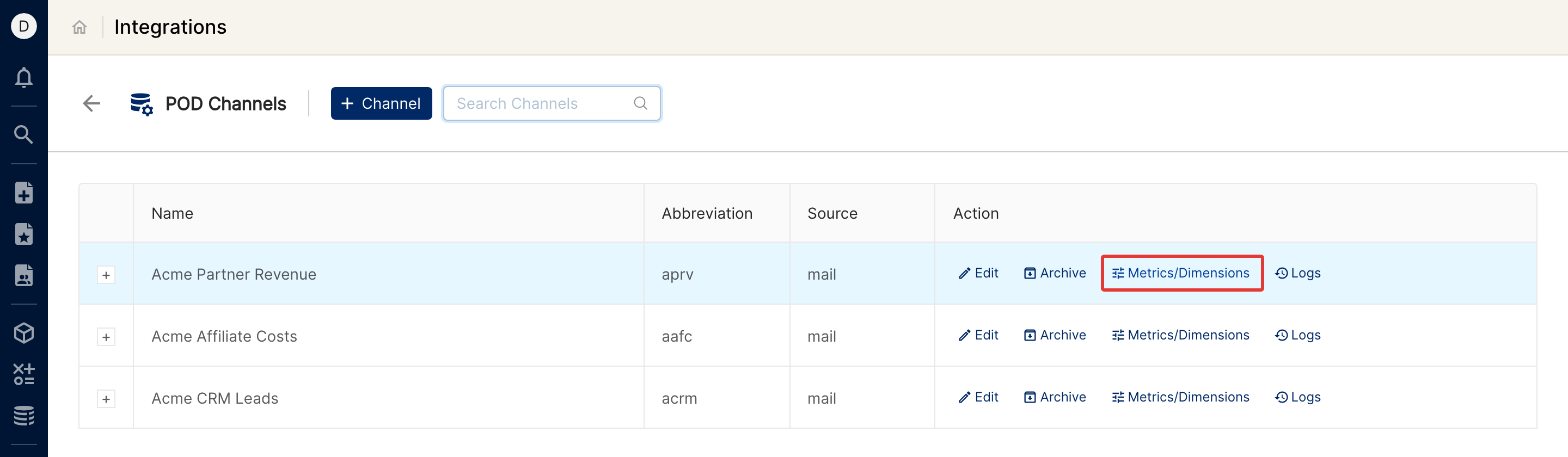 POD Channels list with the Metrics/Dimensions action highlighted