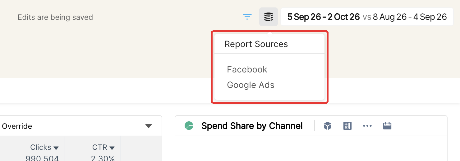 Report Sources popover listing Facebook and Google Ads