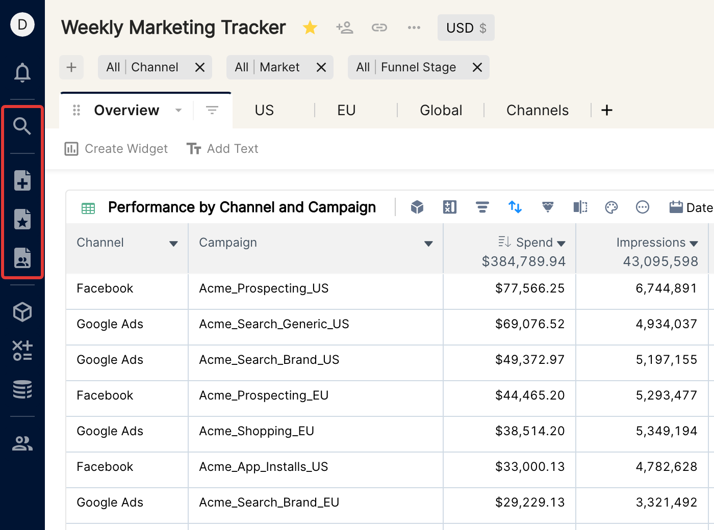 Left sidebar with the search, new report, starred reports and reports icons highlighted