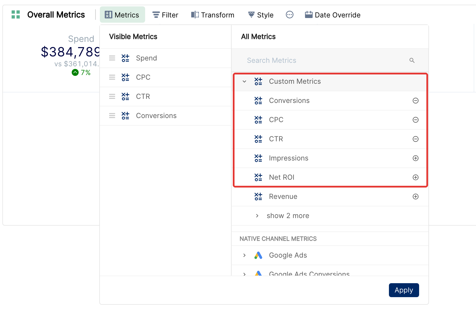 Tile widget metrics selector with the Custom Metrics group expanded, including Net ROI