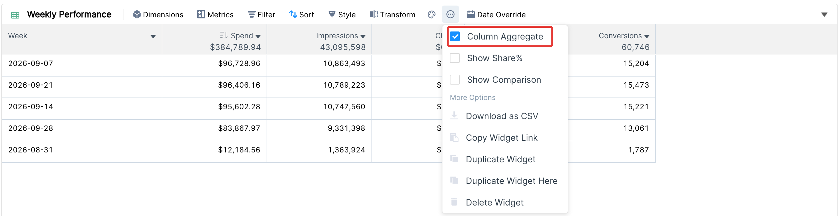 Table widget more options menu with Column Aggregate checked