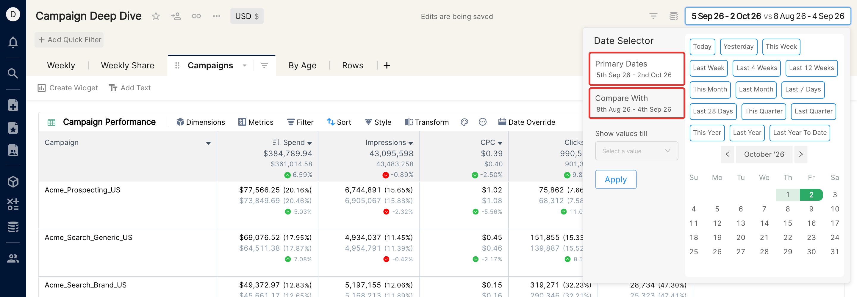 Date Selector with Primary Dates and Compare With ranges highlighted