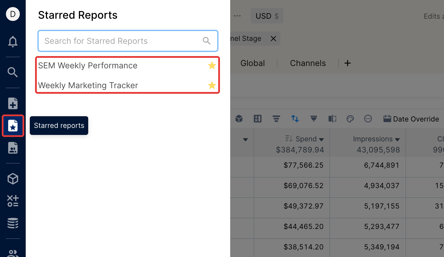 Starred Reports pane in the side menu listing two starred reports