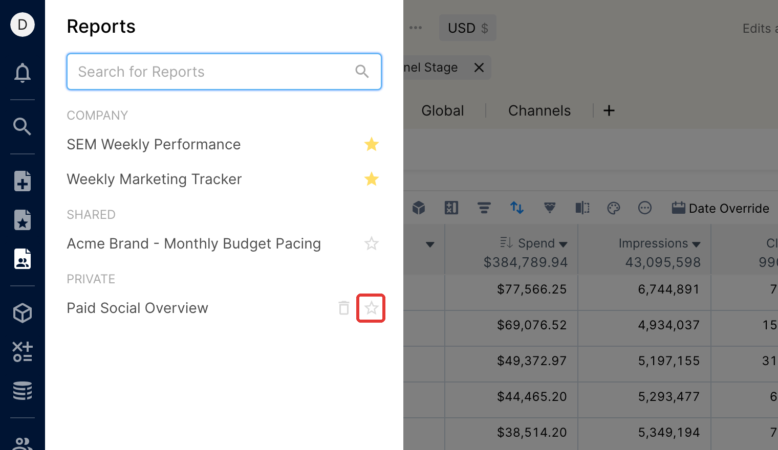 Reports pane in the side menu with the star icon next to a report highlighted