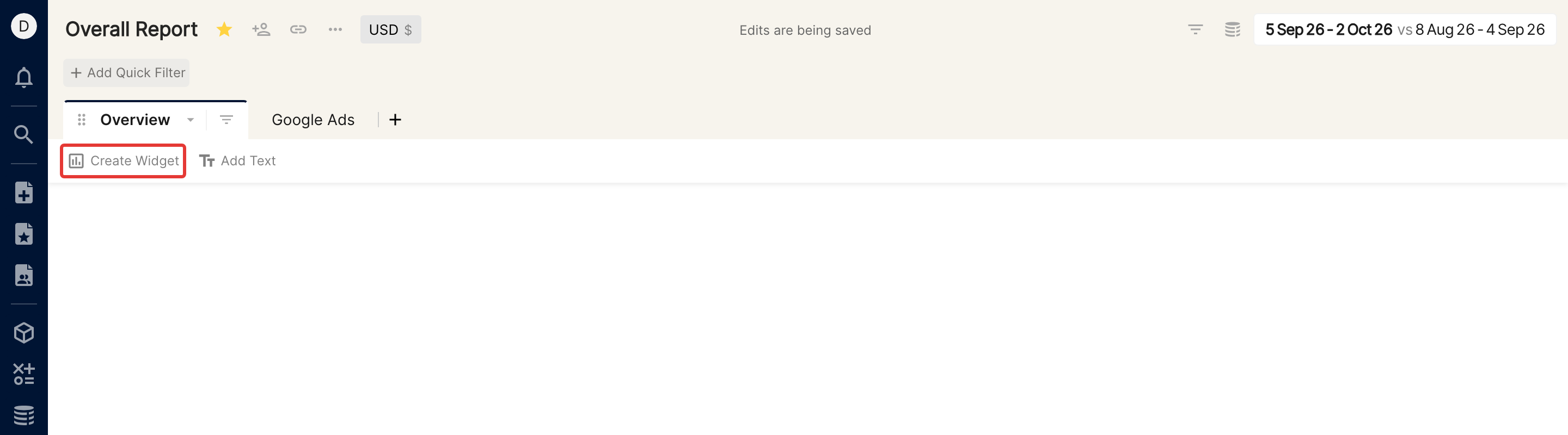 Empty report tab with the Create Widget button highlighted