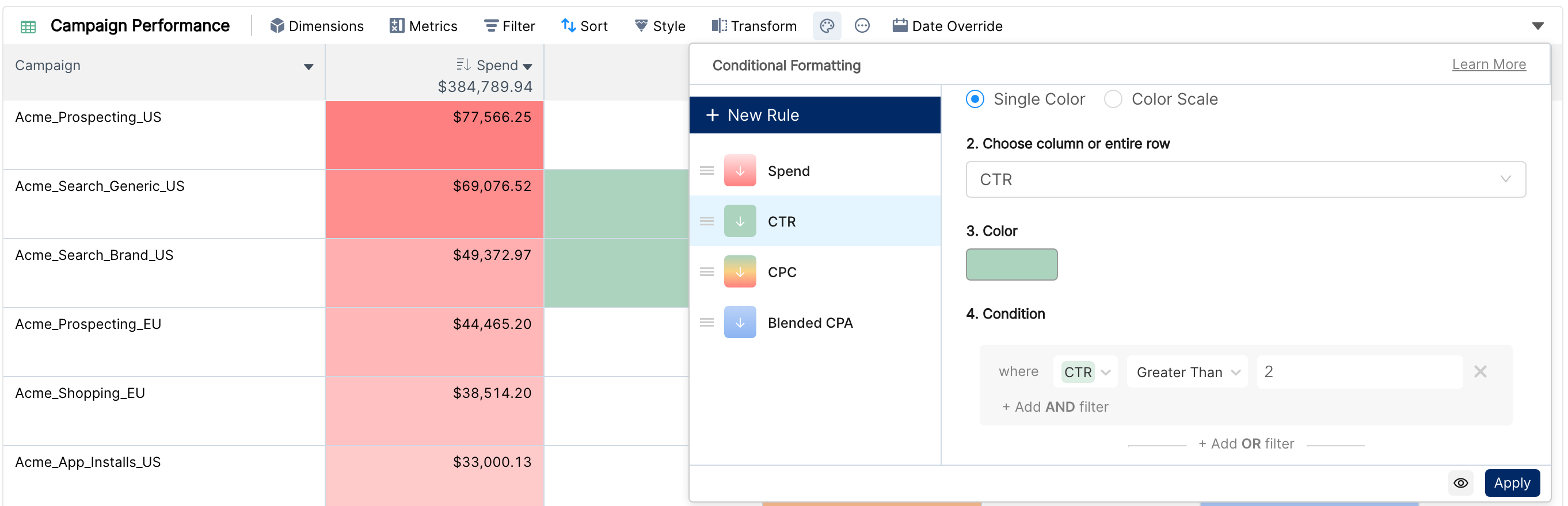 Conditional Formatting panel with a list of rules and the rule editor open