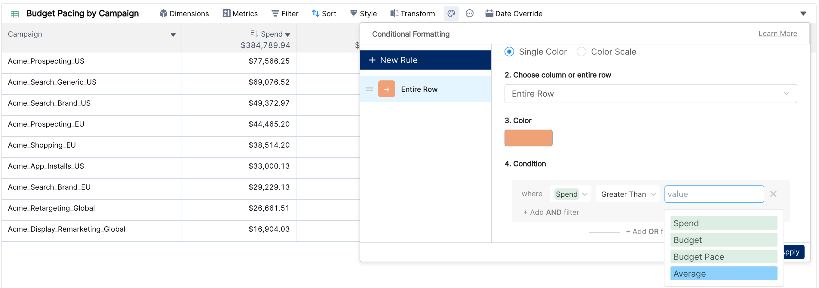 Conditional Formatting rule for the entire row with the condition value dropdown open