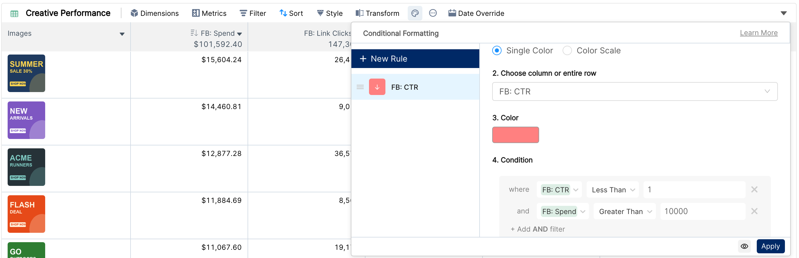 Conditional Formatting rule on FB: CTR with two AND conditions on a creative image table