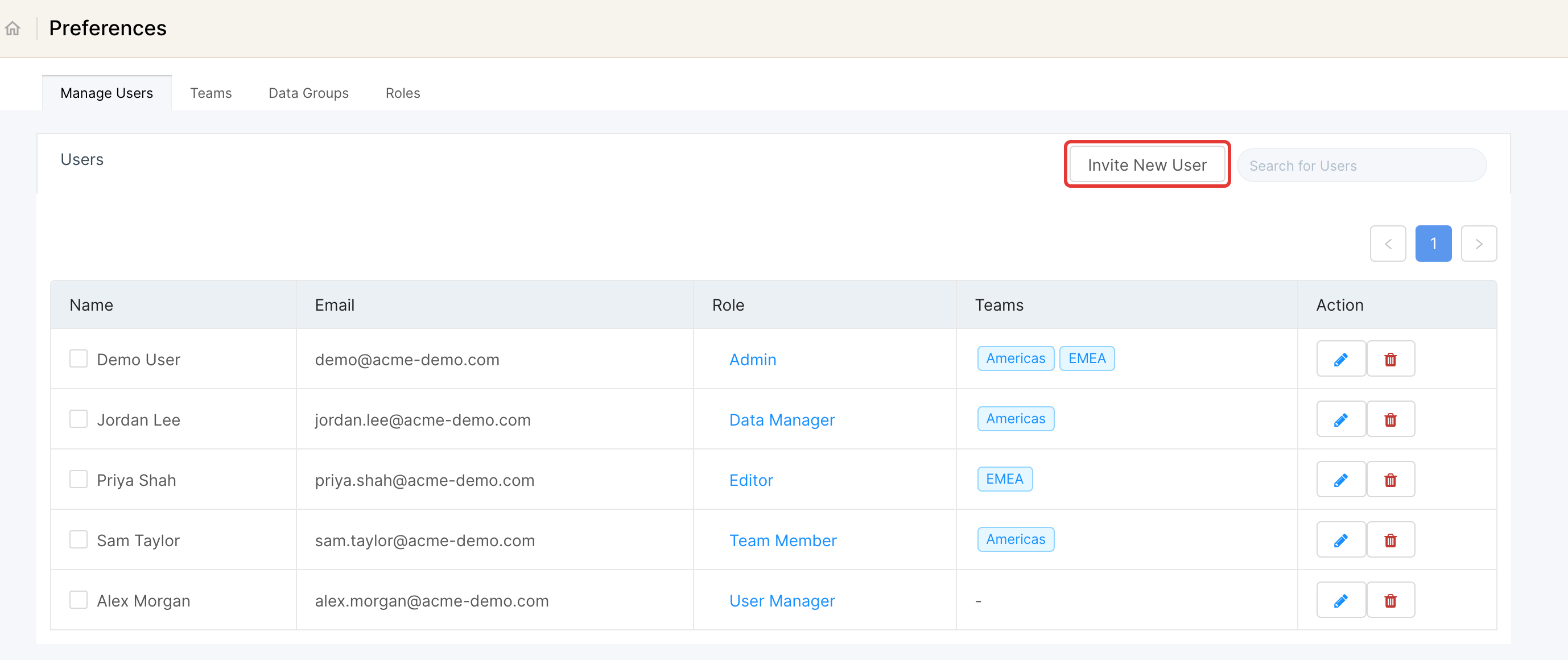 Manage Users list with the Invite New User button highlighted