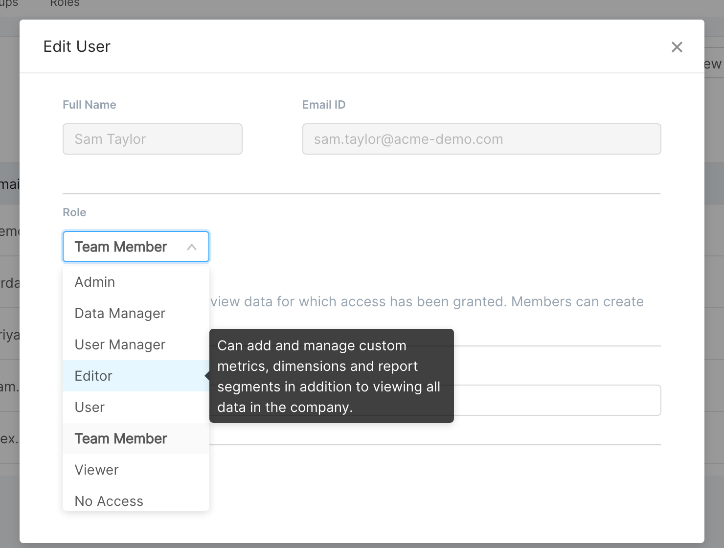 Edit User dialog with the Role dropdown open