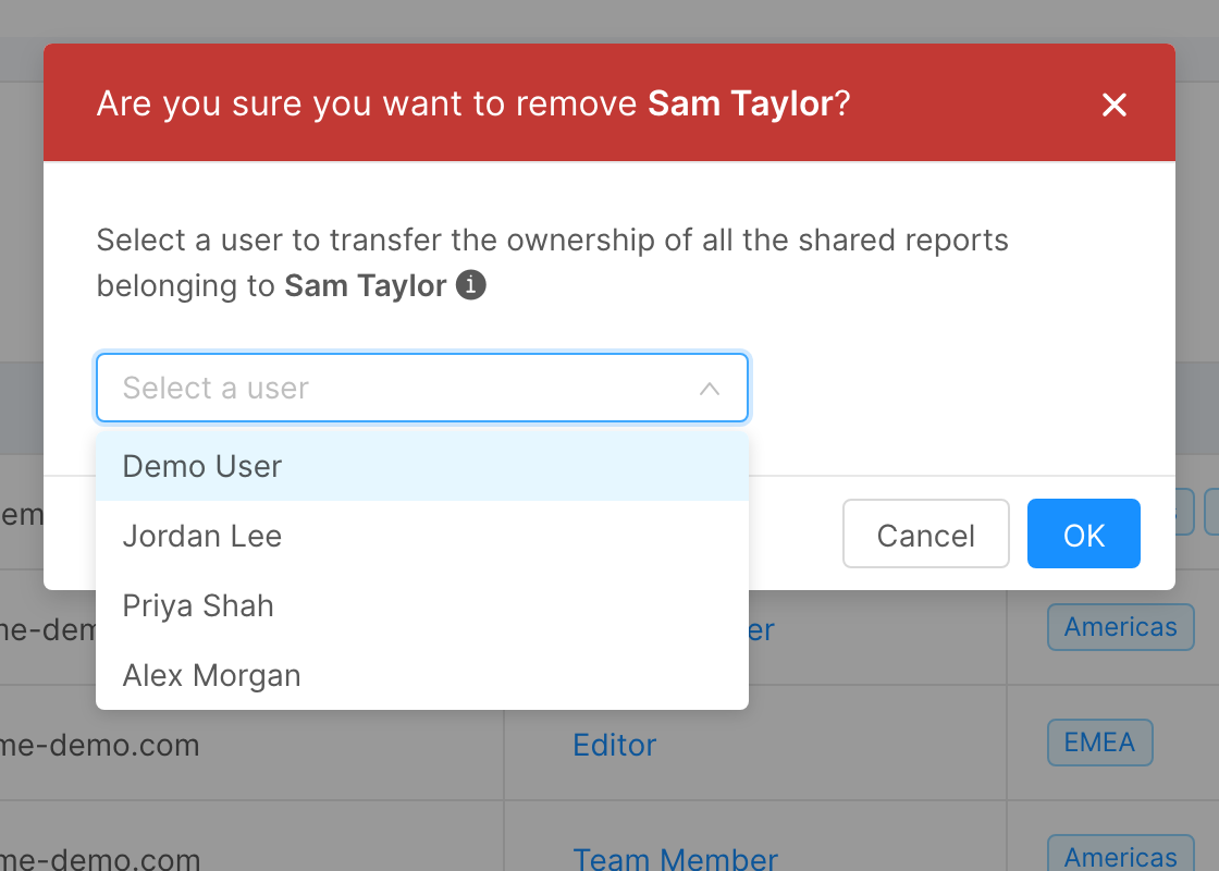 Remove user dialog asking which user should take over the shared reports