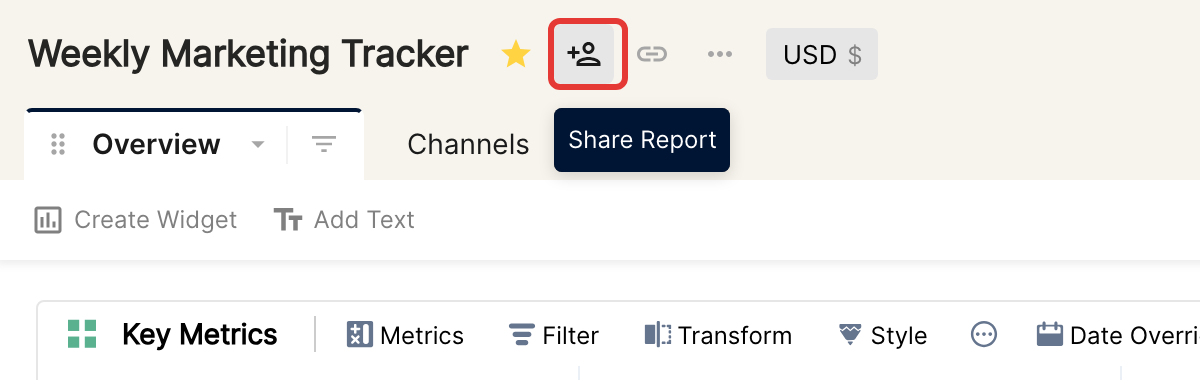 Report header with the Share Report icon highlighted