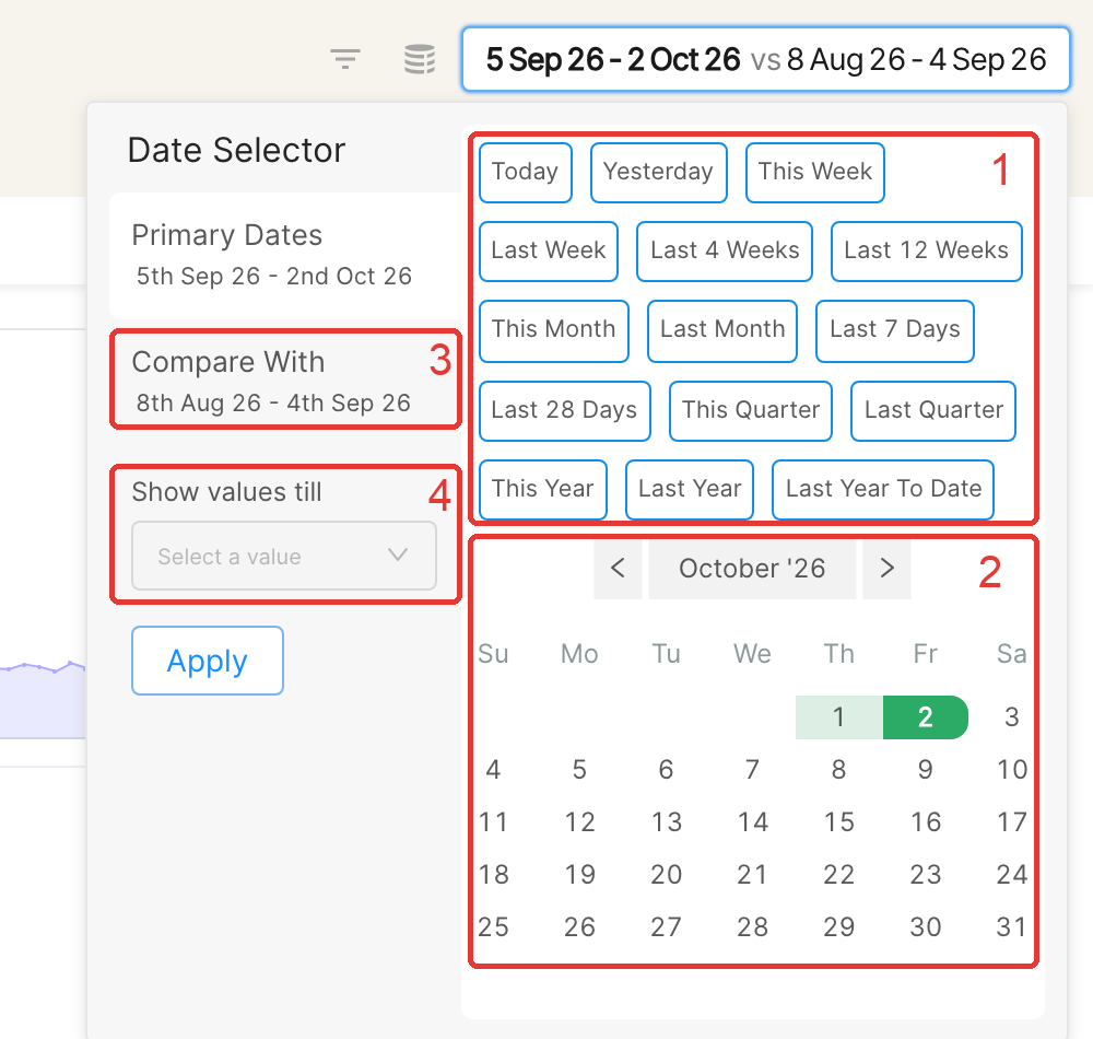 Date picker with presets, calendar, comparison range and Show values till sections numbered