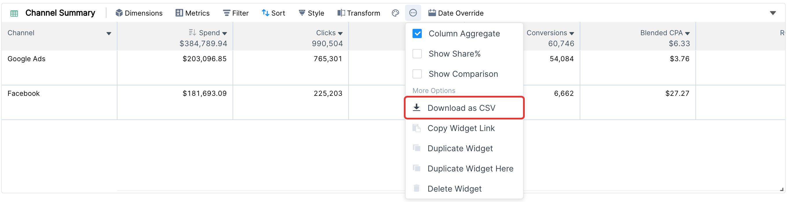Widget options menu with Download as CSV highlighted
