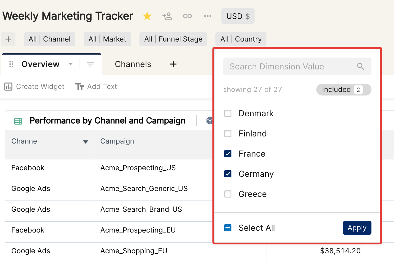 Country quick filter open with France and Germany selected above a table widget