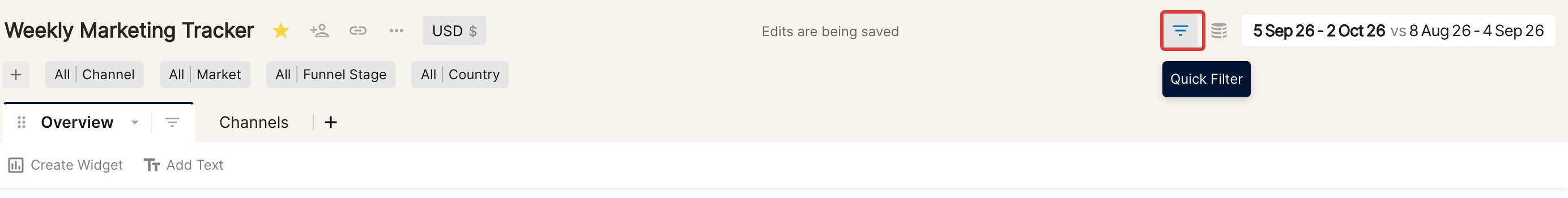 Quick Filter icon in the report header with its tooltip